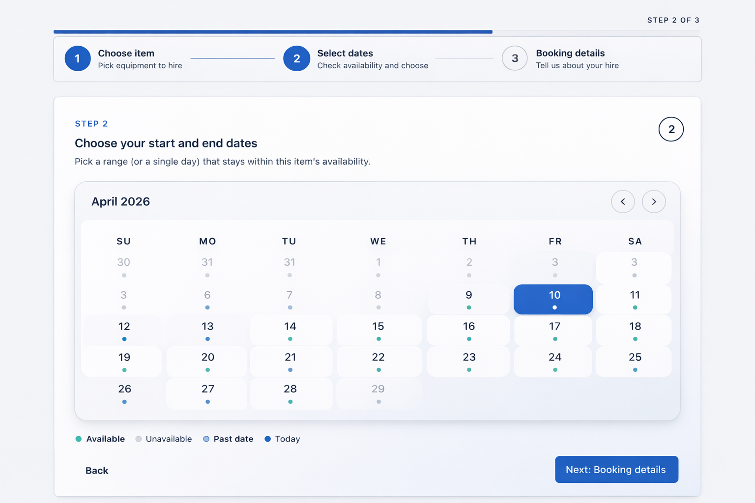 Calendar view showing booking availability for rental assets
