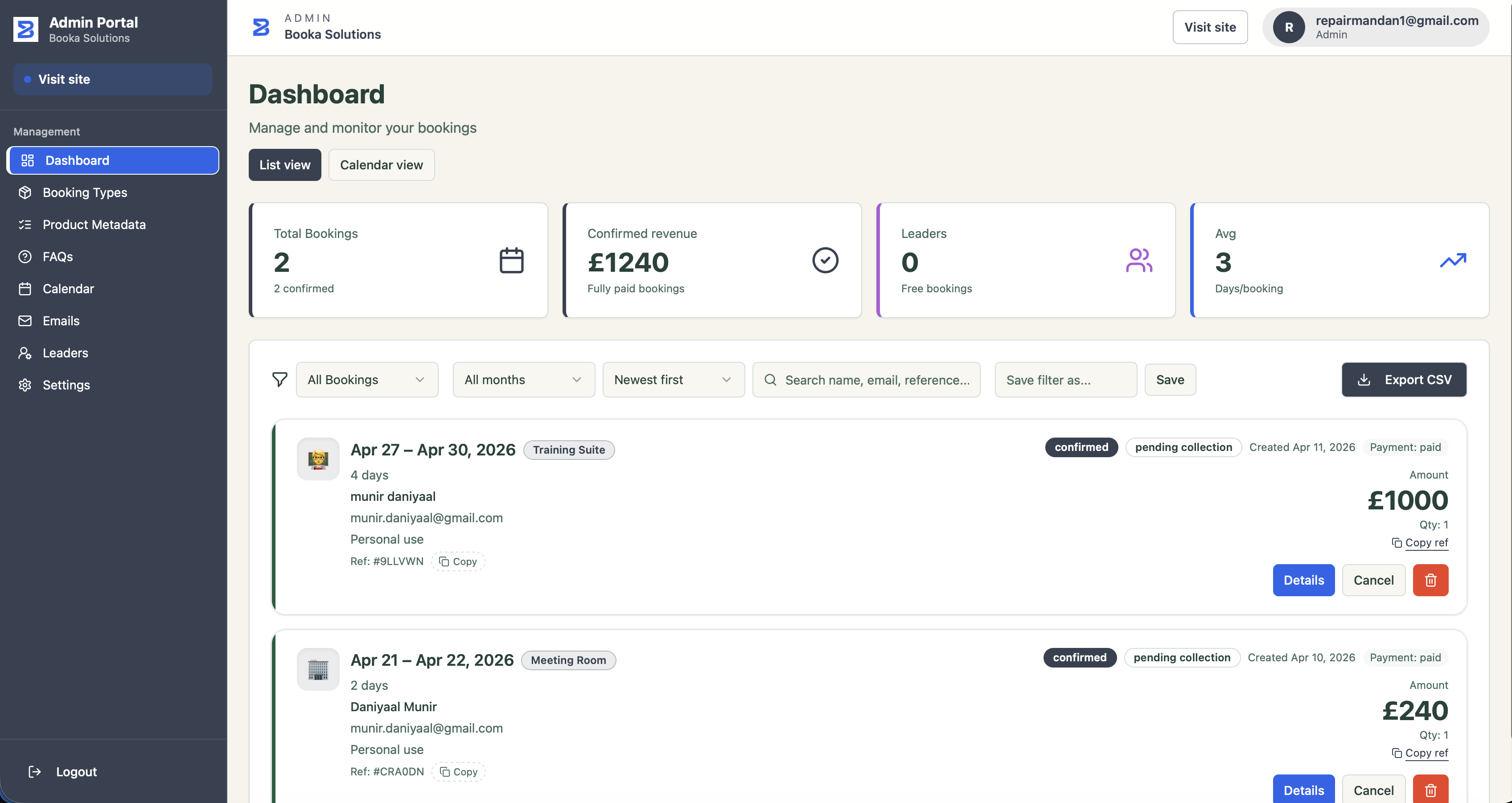 Booka dashboard preview showing inventory and booking status