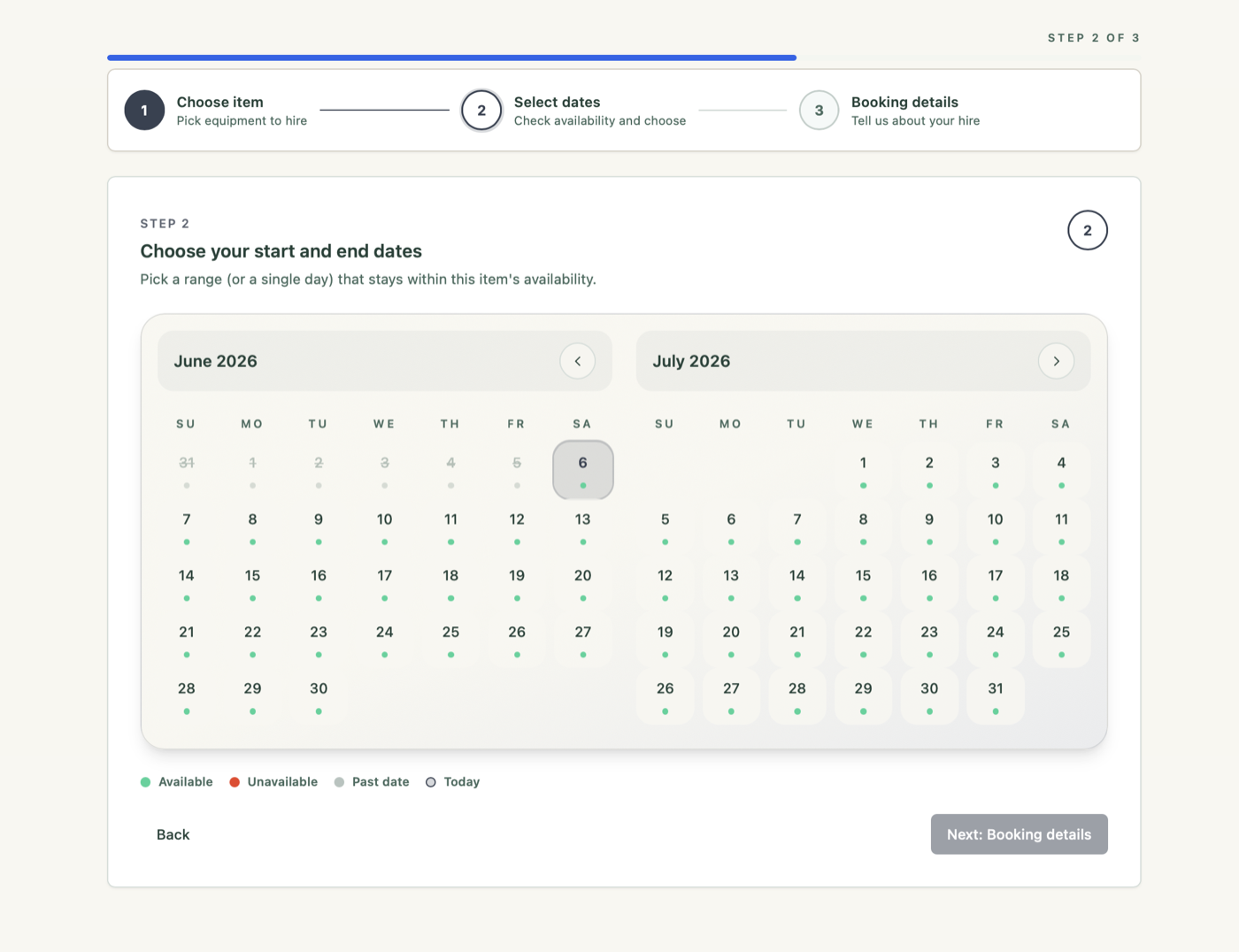 Booka availability calendar showing booked and free dates across assets