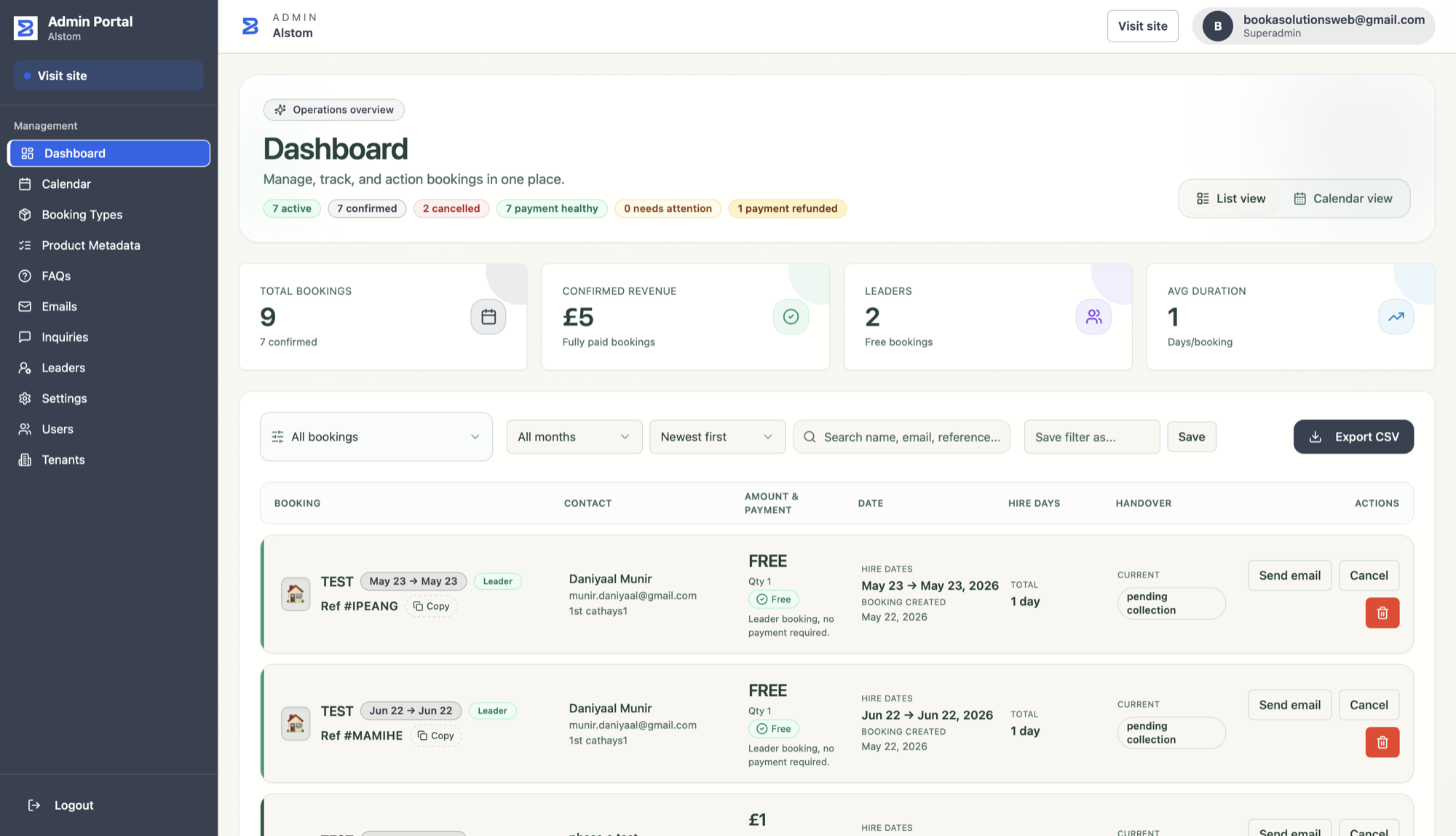 Booka admin dashboard showing live bookings and availability